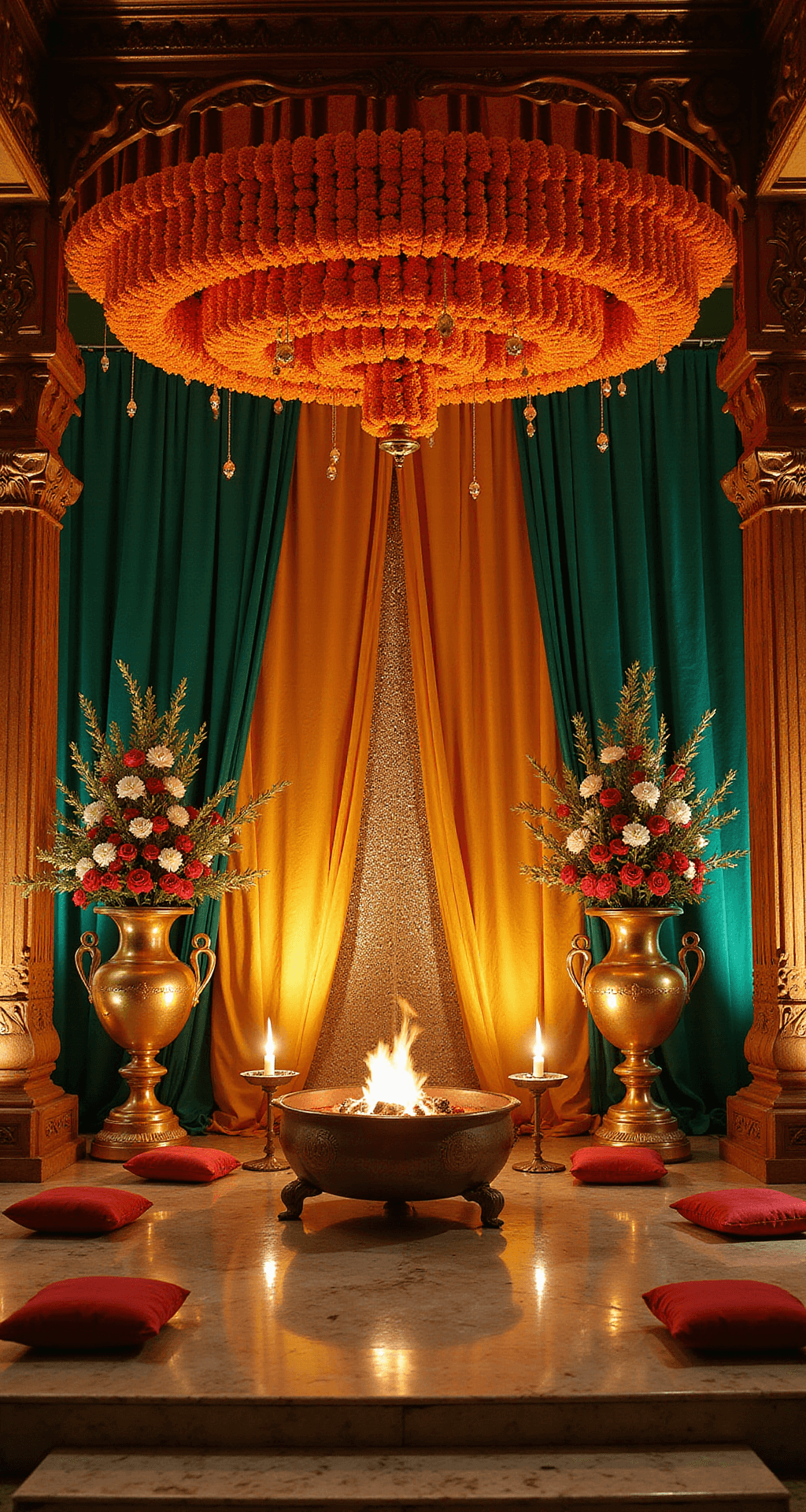 South Indian Wedding Decor: Creating Authentic Celebrations That Honor Tradition Without Breaking the Bank An elegant Kannada wedding stage in an opulent ballroom, featuring deep emerald and gold silk drapes, intricately carved wooden pillars with marigold torans, large brass vessels with vibrant floral arrangements, a central sacred fire pit on polished marble, and jewel-toned silk cushions, all illuminated by warm brass lamps and subtle sequined accents.