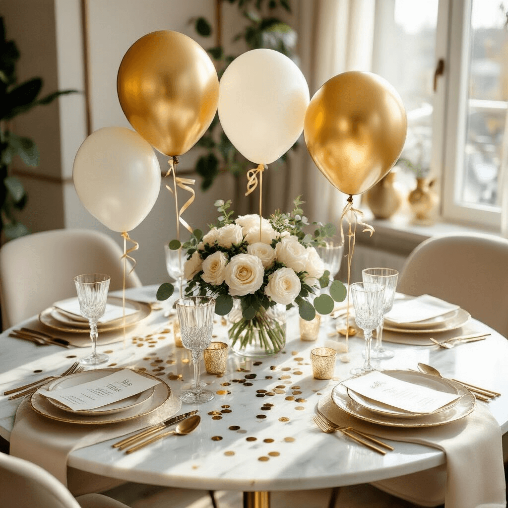 16-Inch Number Balloons: The Tiny Party Heroes That Pack a Punch Overhead view of an elegant birthday celebration at a marble dining table adorned with gold number balloons, ivory linen placemats, and crystal stemware, surrounded by fresh white roses and eucalyptus, all bathed in soft morning light.
