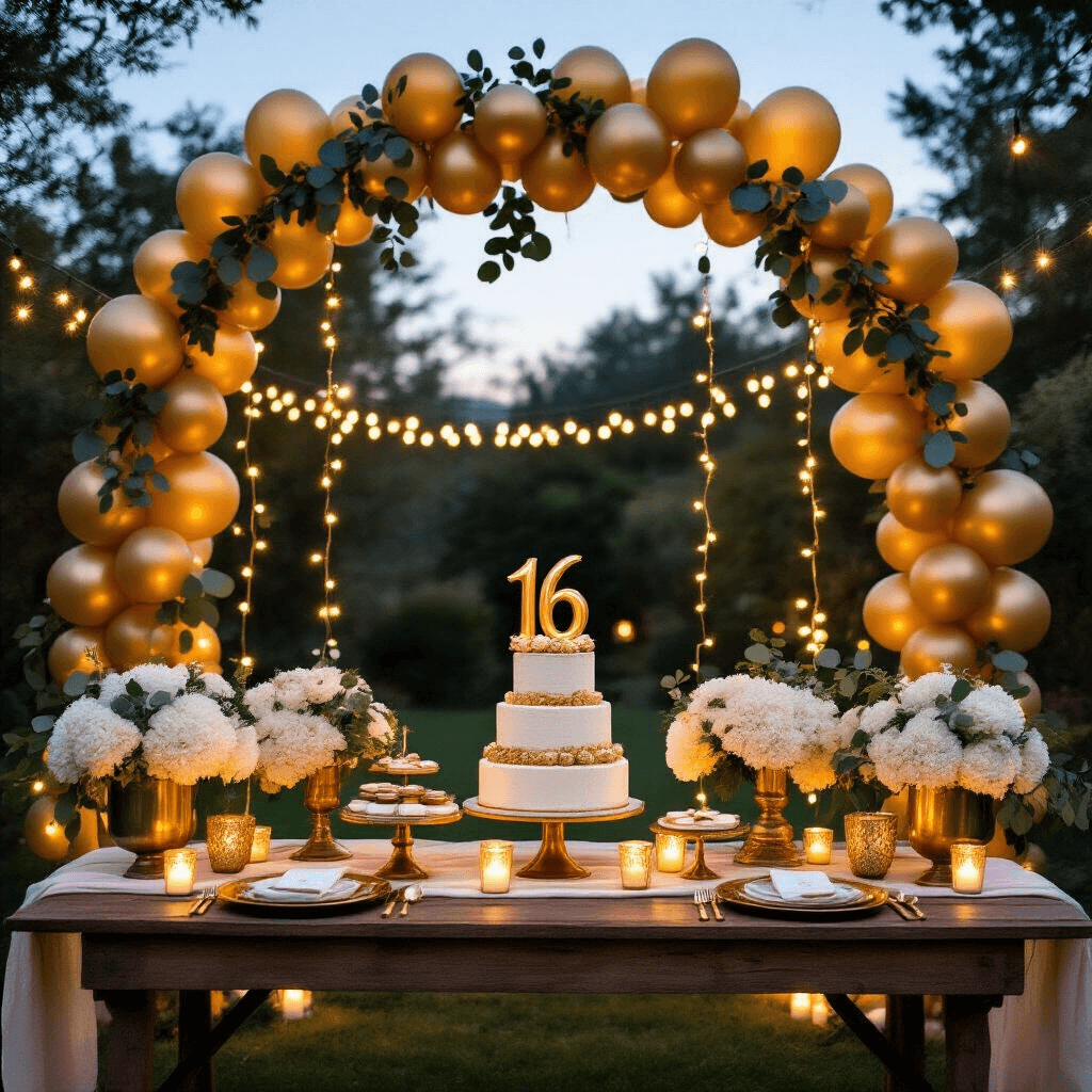 16-Inch Number Balloons: The Tiny Party Heroes That Pack a Punch A moody wide-angle view of a stylish backyard evening celebration adorned with fairy lights, featuring a gold balloon garland arch over a rustic dessert table, warm string lights, vintage brass cake stands, white hydrangeas in mercury glass, gold accents, and glowing votive candles against a darkening sky.