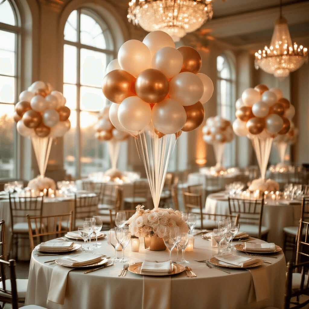 How to Create Stunning Balloon Bouquets That'll Make Your Guests Go "Wow!" Elegant indoor ballroom during golden hour with luxurious balloon bouquets as centerpieces on round tables, featuring ivory silk linens, crystal chandeliers, and ornate place settings amidst warm ambient light.