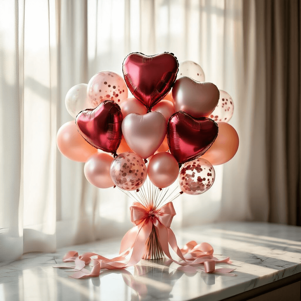 How to Create Stunning Balloon Bouquets That'll Make Your Guests Go "Wow!" A close-up shot of a romantic anniversary balloon arrangement featuring heart-shaped red and pink foil balloons, shimmering latex balloons, and clear confetti-filled balloons on a marble countertop, accented with flowing satin ribbons and delicate floral elements in soft morning light.