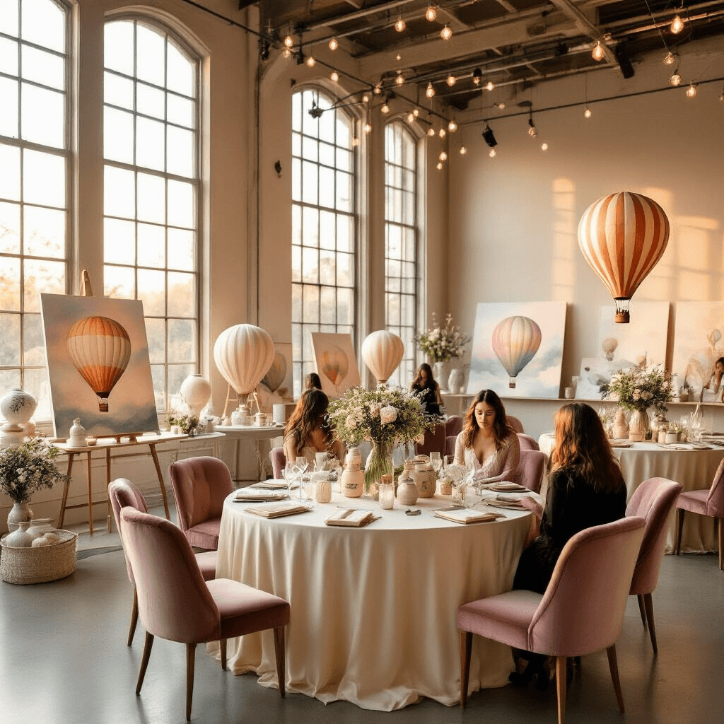 Hot Air Balloon Art: Every Creative Technique You Need to Make Something Beautiful A wide-angle view of an elegant indoor art studio event featuring hot air balloon themed artwork, illuminated by golden hour light through tall windows. Round tables with cream silk linens display watercolor paintings and vintage glass jars filled with eucalyptus and baby's breath. Guests in velvet chairs admire papier-mâché balloon sculptures, surrounded by a sophisticated palette of blush pink, sage green, and ivory, with warm string lights adding ambiance to the polished hardwood floors and exposed brick walls.