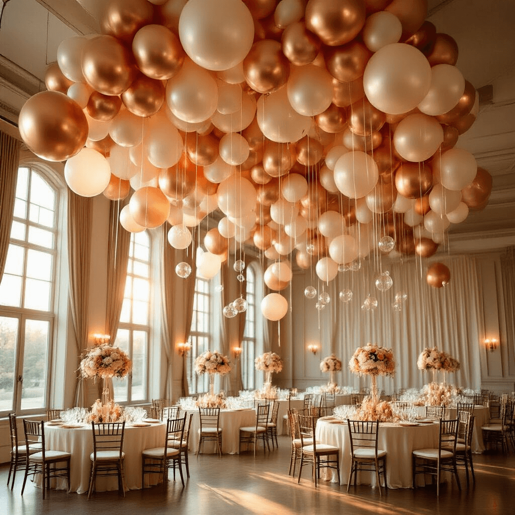 Foil Balloons: How to Transform Any Space Without Breaking the Bank (Or Using Helium) Photorealistic wide-angle shot of an elegant indoor ballroom with suspended rose gold and cream foil balloons, warm golden hour light streaming through tall windows, and beautifully set round tables featuring layered balloon arrangements and silk ivory linens, creating a magical and intimate atmosphere.