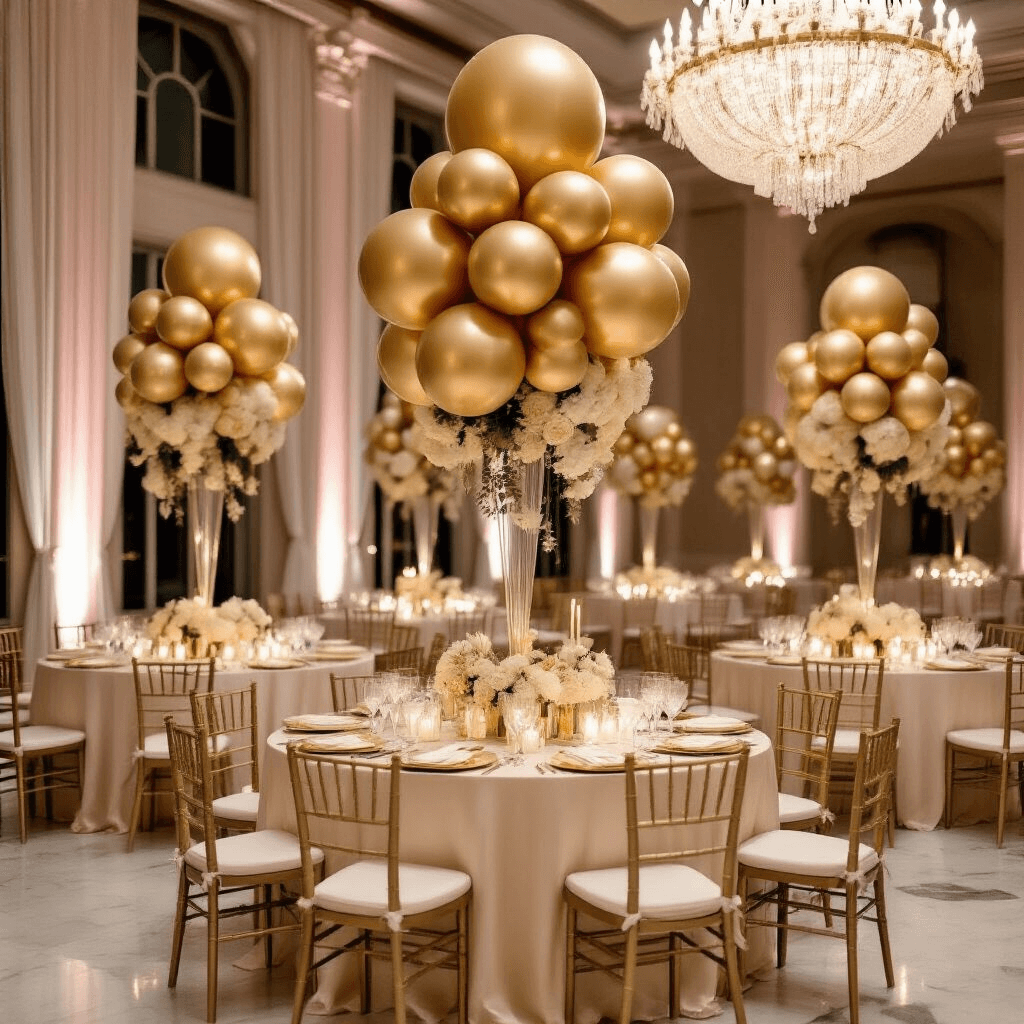 Gold Balloons: Everything You Need to Know Before Your Next Celebration A sophisticated wedding reception in an elegant ballroom featuring round tables with ivory silk linens, gold foil balloon centerpieces, and a blush pink and cream color palette, illuminated by crystal chandeliers and framed by sheer ivory drapery.