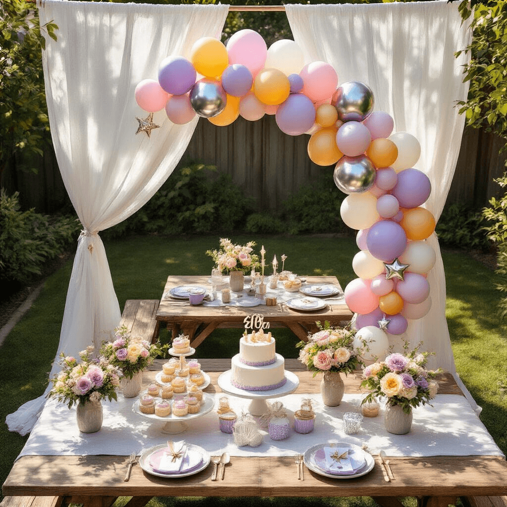 Foil Balloons: How to Transform Any Space Without Breaking the Bank (Or Using Helium) Photorealistic overhead view of a stylish backyard birthday party with a pastel and metallic balloon garland, rustic picnic tables, a tiered birthday cake, fresh florals, and personalized party favors under soft midday sunlight.