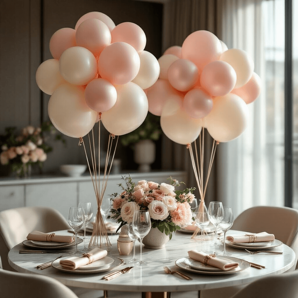 Foil Balloons: How to Transform Any Space Without Breaking the Bank (Or Using Helium) Photorealistic image of an elegant dinner party table setting with balloon centerpieces, fine china, crystal stemware, and silk napkins, illuminated by soft morning light in a modern apartment dining space.