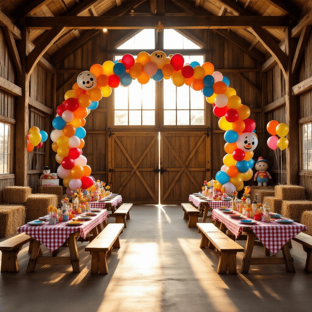 Foil Balloons: How to Transform Any Space Without Breaking the Bank (Or Using Helium) A festive children's character-themed party in a rustic barn with golden hour light, featuring a balloon hoop wreath, picnic-style table setups, and playful balloon garlands, showcasing a blend of rustic wood textures and shiny foil balloons.