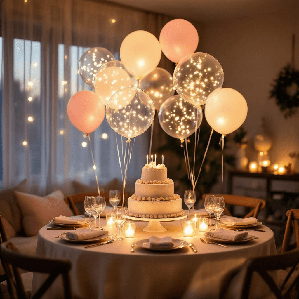 Light Up Balloons: Everything You Need to Know Before Your Next Party A cozy evening birthday party scene in a living room during golden hour, featuring clusters of glowing LED balloons, a elegantly decorated round dining table with a tiered cake, and warm pastel colors creating a magical atmosphere.