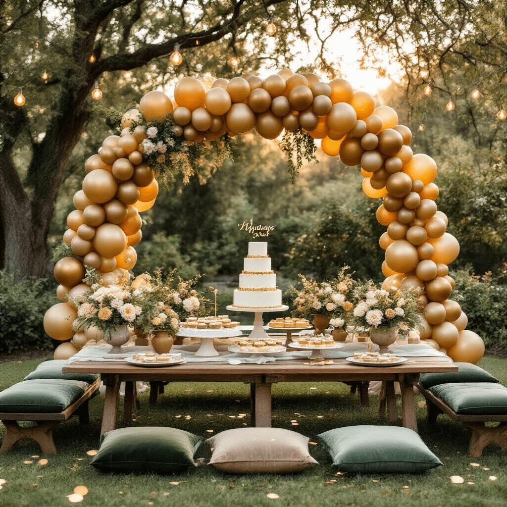 Gold Balloons: Everything You Need to Know Before Your Next Celebration An intimate 50th anniversary garden party viewed from above, featuring low picnic-style tables adorned with sage green velvet cushions, a balloon garland over a dessert cart with a tiered cake, fresh florals in ceramic vessels, and twinkling fairy lights in a terracotta and sage color palette during golden hour.