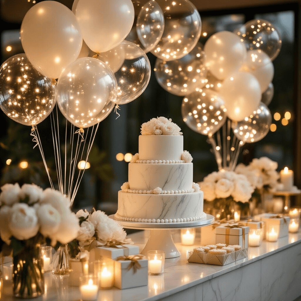 Light Up Balloons: Everything You Need to Know Before Your Next Party A luxurious dessert table in a modern apartment, featuring a multi-tiered marble cake stand, glowing LED balloons, silk ribbon streamers, crystal pedestals, and fresh white peonies, all illuminated by soft candlelight.