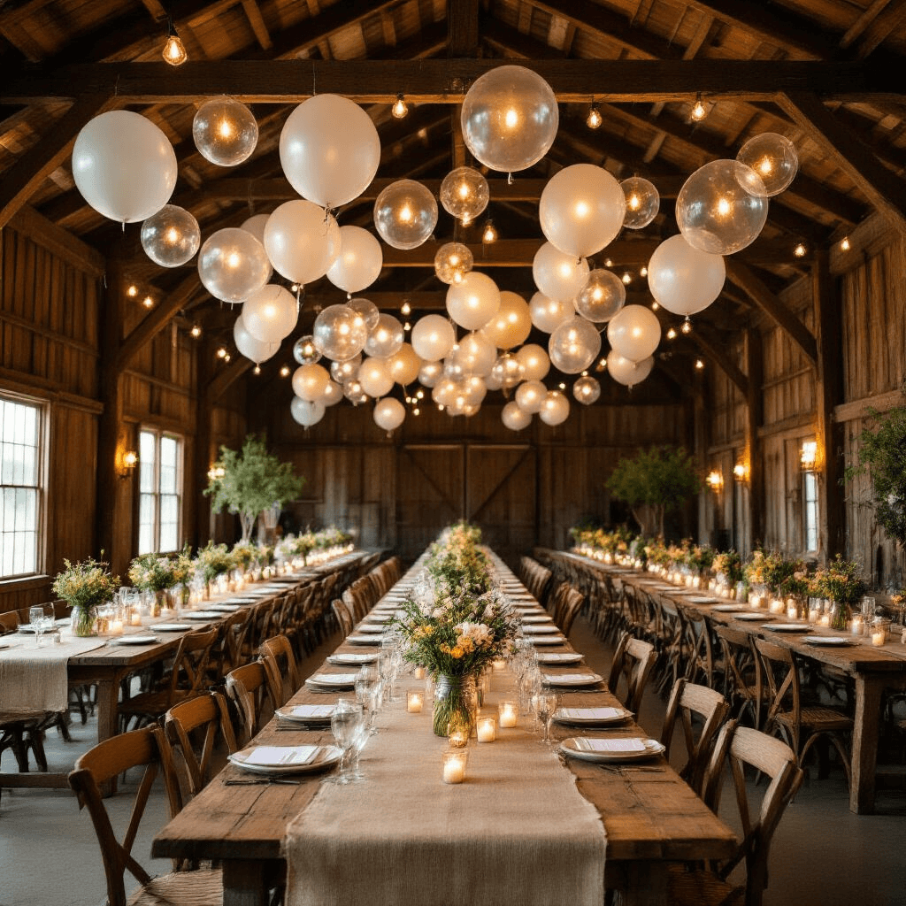 Light Up Balloons: Everything You Need to Know Before Your Next Party A whimsical wide-angle view of a rustic barn venue decorated for an evening celebration, featuring LED balloon canopies, long farm tables with burlap runners, mason jar wildflower centerpieces, and warm ambient lighting from lanterns and balloons.