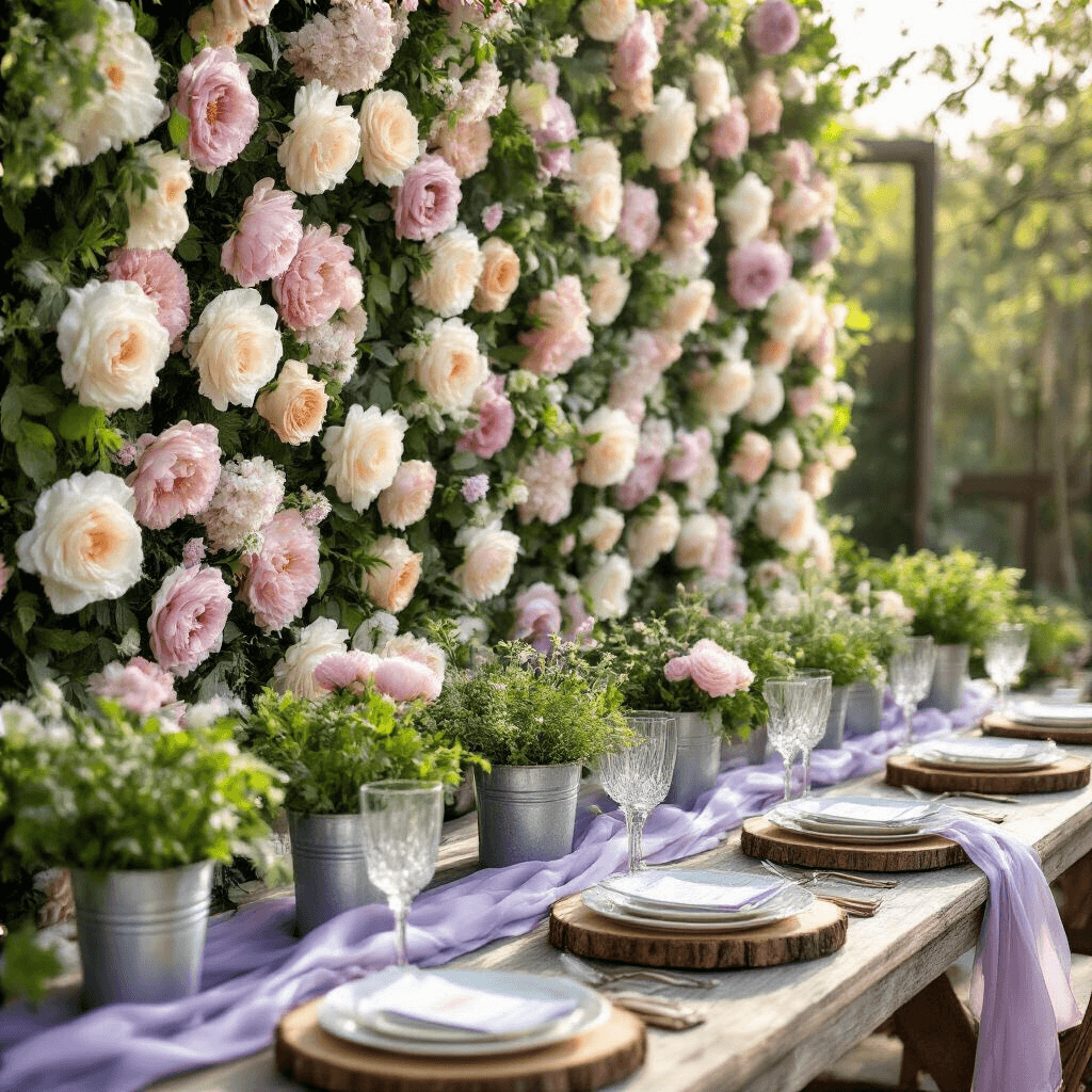 Beyond Balloons: Birthday Decorations That Won't Trash the Planet (Or Your Style) A close-up detail of a stylish backyard garden party in soft morning light, featuring a fresh flower wall backdrop with cream roses and blush peonies, vintage wooden slices as charger plates, delicate glassware, single-stem bud vases on a reclaimed wood table draped with chiffon, satin ribbons in lavender and silver, and potted herbs in galvanized metal containers.