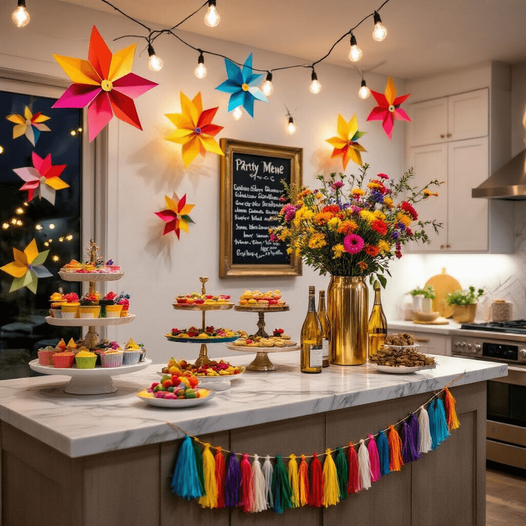 Beyond Balloons: Birthday Decorations That Won't Trash the Planet (Or Your Style) A modern apartment illuminated by fairy lights at night, featuring colorful paper pinwheels on white walls, a dessert cart with vibrant treats, a collection of upcycled wine bottle vases filled with wildflowers on a marble kitchen island, handmade rainbow tassel garlands, and a chalkboard menu in a vintage frame.