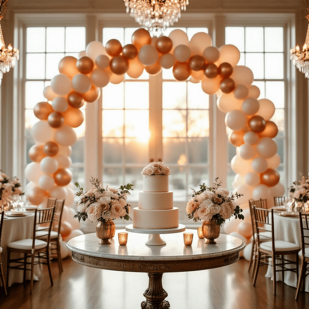 Anniversary Balloon Decorations That'll Make Your Celebration Pop (Without Popping Your Budget) Photorealistic image of an elegant indoor celebration featuring a stunning rose gold and cream balloon arch framing a dessert table, illuminated by golden hour sunlight through floor-to-ceiling windows. A marble-topped vintage table displays a two-tiered anniversary cake surrounded by silk florals and brass candlesticks. The ballroom has polished hardwood floors and crystal chandeliers, with round tables adorned with ivory linens, gold charger plates, and heart-shaped metallic balloon bouquets. LED string lights add a magical glow to the arch anchored by command hooks to ornate white molding.