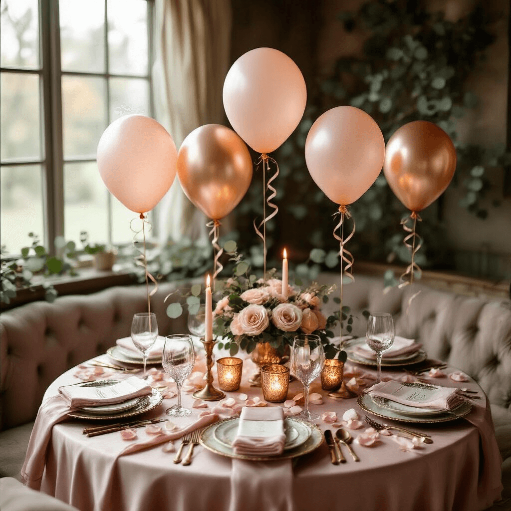 Anniversary Balloon Decorations That'll Make Your Celebration Pop (Without Popping Your Budget) Photorealistic overhead view of a romantic anniversary dinner setup featuring blush pink silk linens, rose gold and ivory balloon centerpieces, flickering candlelight, vintage china, and crystal stemware, all illuminated by soft morning light.