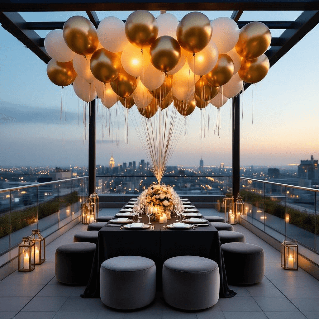 Anniversary Balloon Decorations That'll Make Your Celebration Pop (Without Popping Your Budget) Photorealistic detail shot of a luxurious rooftop terrace anniversary setup with helium balloon ceiling installation, featuring metallic gold and ivory balloons, a sleek dining area with charcoal linen and white dinnerware, surrounded by city lights at dusk, and personalized letter balloons against the twilight sky.