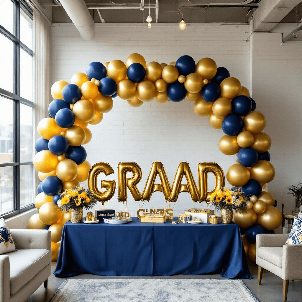 Gold Balloons: Everything You Need to Know Before Your Next Celebration A vibrant graduation celebration in a modern apartment with soft morning light, featuring gold number balloons, a 'GRAD' display, and colorful balloon arrangements against a stylish backdrop of navy blue and white brick.