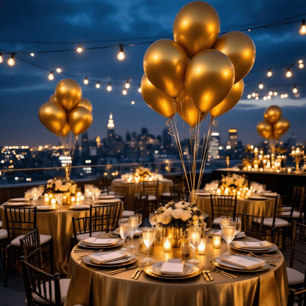 Gold Balloons: Everything You Need to Know Before Your Next Celebration An elegant rooftop terrace decorated for a New Year's Eve celebration, featuring tables with gold silk linens, metallic gold centerpieces, fairy lights, cascading confetti balloons, and an urban skyline backdrop, all creating a sophisticated atmosphere.