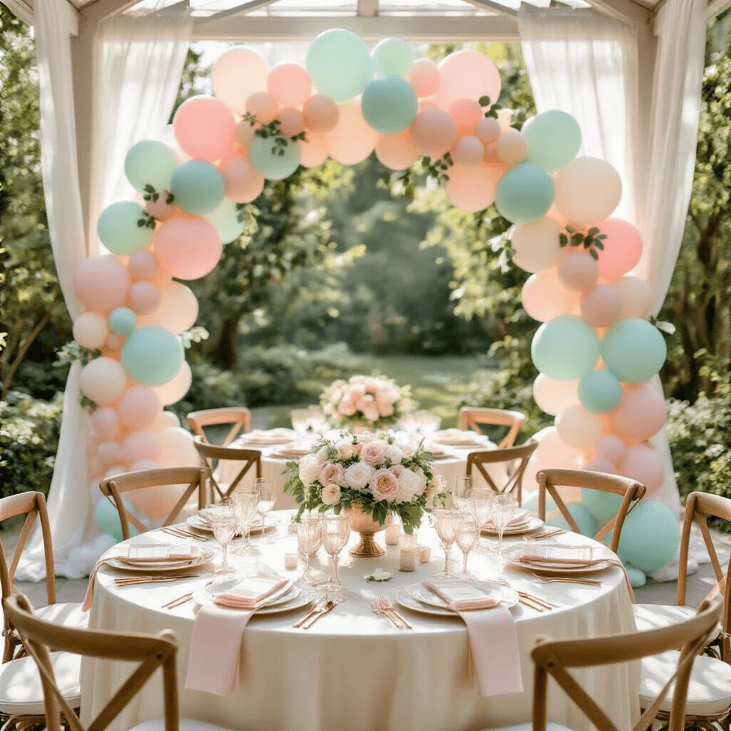 Pastel Balloons Are My Secret Weapon for Creating Dream-Worthy Celebrations Without Breaking the Bank Overhead view of a sophisticated bridal shower in a sunlit garden pavilion, featuring cream silk tables, pastel balloon centerpieces, eucalyptus garlands, rose gold flatware, crystal glassware, and a gradient pastel balloon arch with metallic accents, all enhanced by fresh flowers and scattered rose petals.