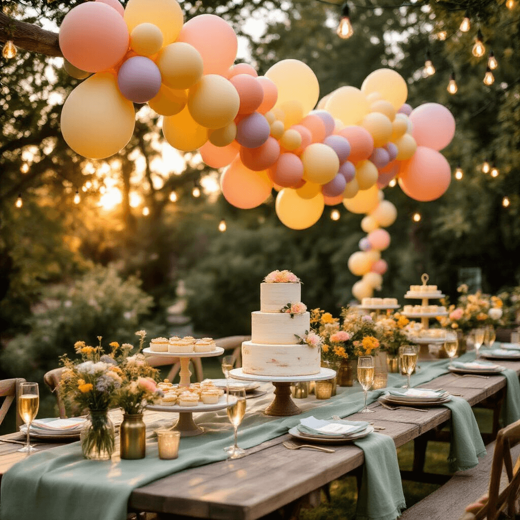 Pastel Balloons Are My Secret Weapon for Creating Dream-Worthy Celebrations Without Breaking the Bank A dreamy outdoor birthday celebration in a stylish backyard during golden hour, featuring a rustic dessert table with a vibrant balloon garland, picnic tables with sage green linen, twinkling string lights, and warm candlelit centerpieces, surrounded by joyful guests and children's laughter.