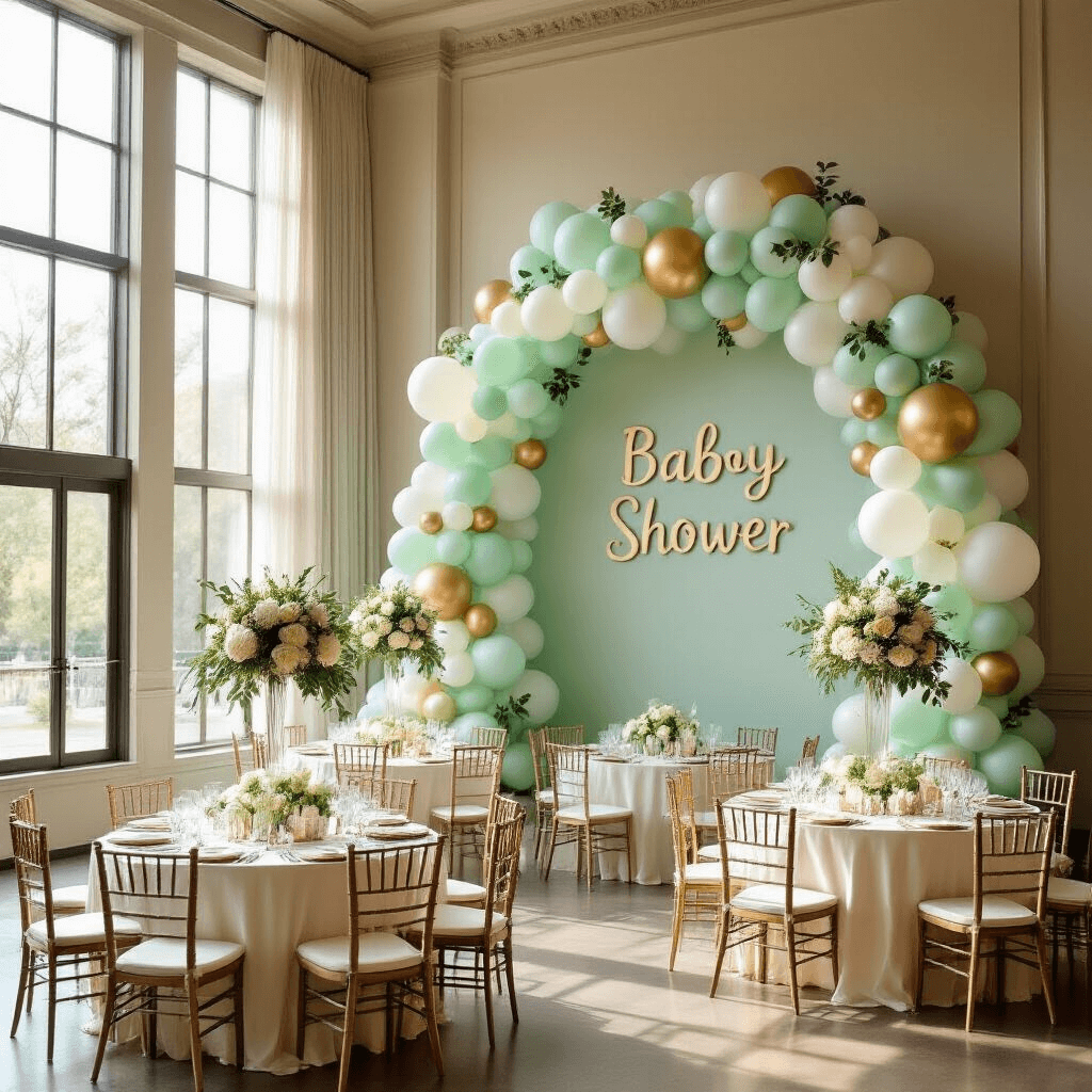Pastel Balloons Are My Secret Weapon for Creating Dream-Worthy Celebrations Without Breaking the Bank A sophisticated baby shower in a bright indoor ballroom with natural light, featuring a gradient balloon installation, elegantly dressed tables with pastel balloons and hydrangeas, and floating ceiling balloons, creating a festive atmosphere.