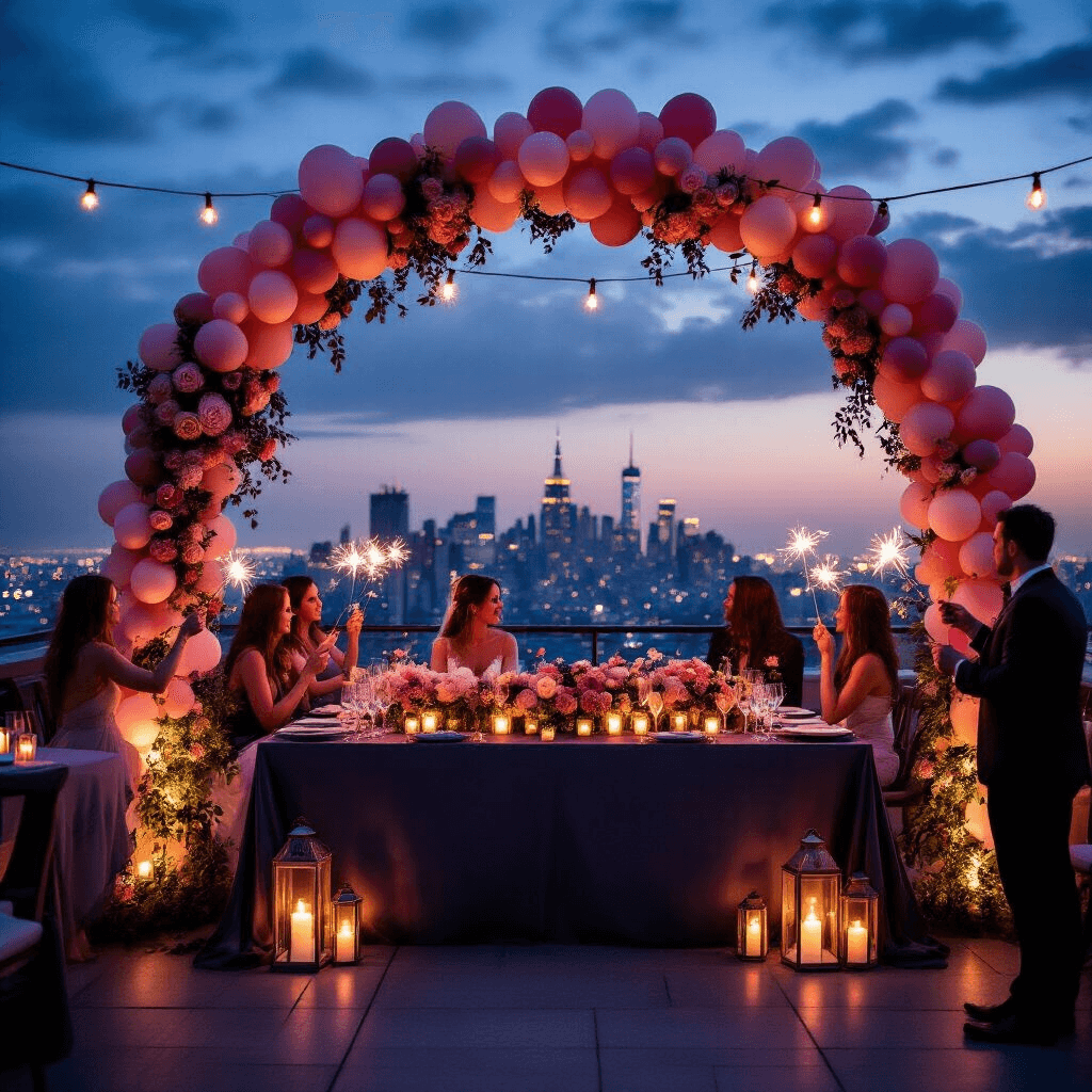 Pastel Balloons Are My Secret Weapon for Creating Dream-Worthy Celebrations Without Breaking the Bank Moody rooftop engagement party at dusk with fairy lights, deep blush pink and dusty lavender balloon arches, intimate seating areas, charcoal silk table runners adorned with low balloon garlands and real roses, warm candlelight, and an elevated balloon backdrop with LED lights against a city skyline, as guests with sparklers enjoy the romantic atmosphere.