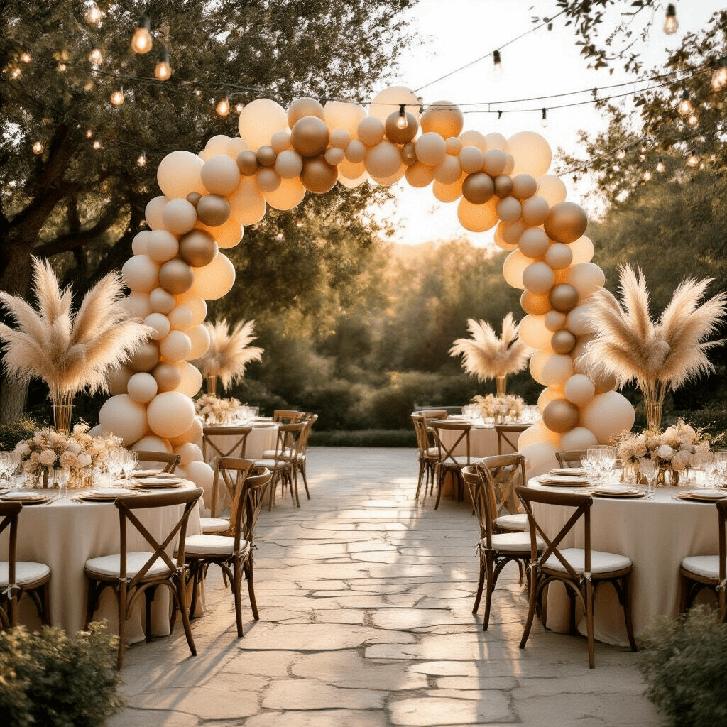 Beige Balloons: The Understated Elegance Your Event Actually Needs A photorealistic wide-angle shot of an elegant garden wedding reception during golden hour, showcasing a sophisticated balloon arch with champagne and ivory beige balloons, soft blush pink accents, round tables with silk ivory linens and vintage gold charger plates, crystal stemware, pampas grass centerpieces, twinkling string lights overhead, and scattered rose petals on natural wood farm tables, all set in a refined atmosphere.