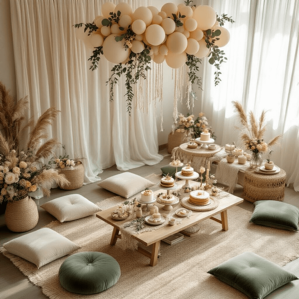 Beige Balloons: The Understated Elegance Your Event Actually Needs Cinematic overhead shot of a boho baby shower setup in a modern living room, featuring a low wooden table with velvet cushions, a balloon installation, marble cake stands with dried florals, and an elegant neutral palette.