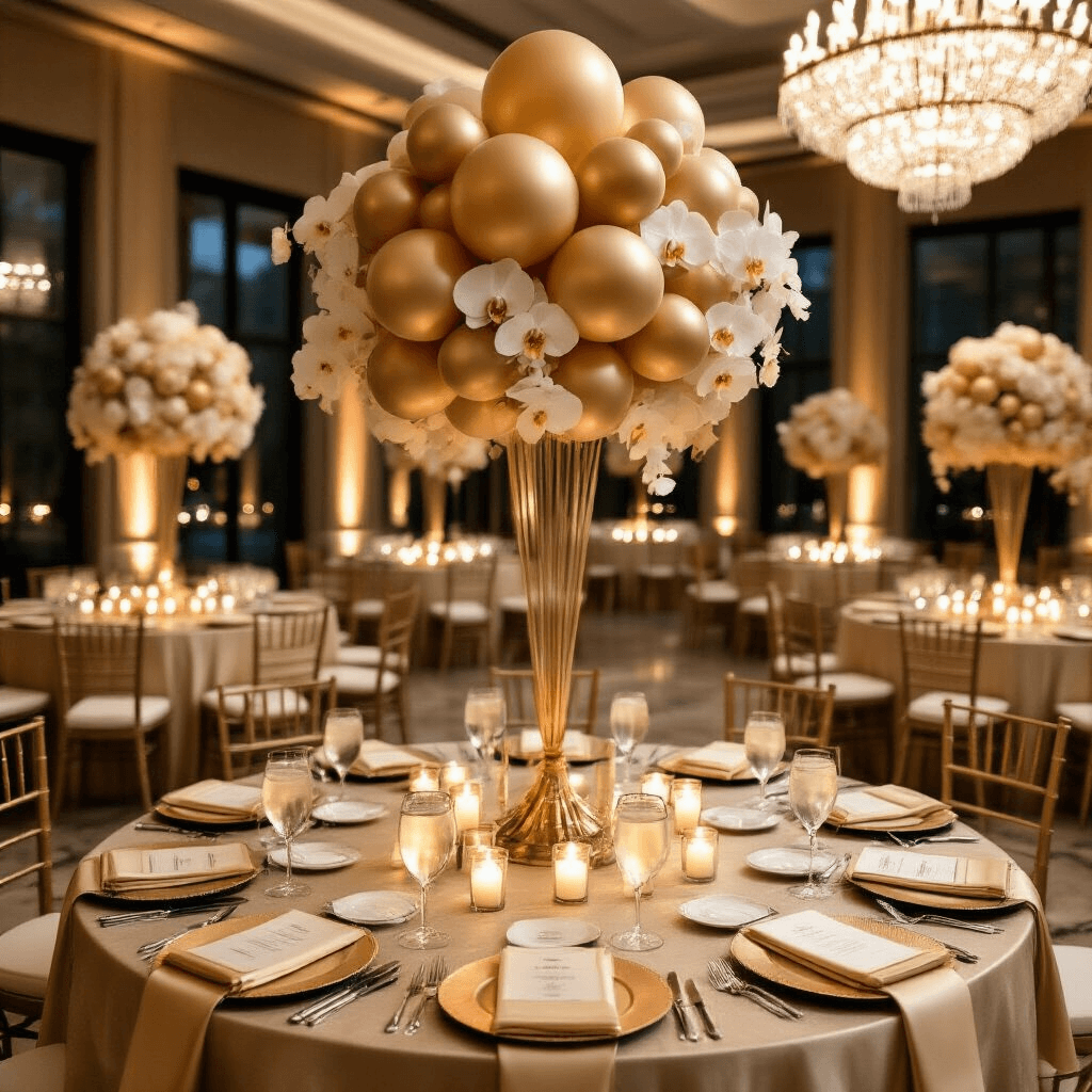 Beige Balloons: The Understated Elegance Your Event Actually Needs Elegant corporate anniversary dinner table setting in a candlelit ballroom, featuring champagne silk linens, balloon centerpieces, personalized menu cards, and ambient lighting from crystal chandeliers, creating a luxurious atmosphere.