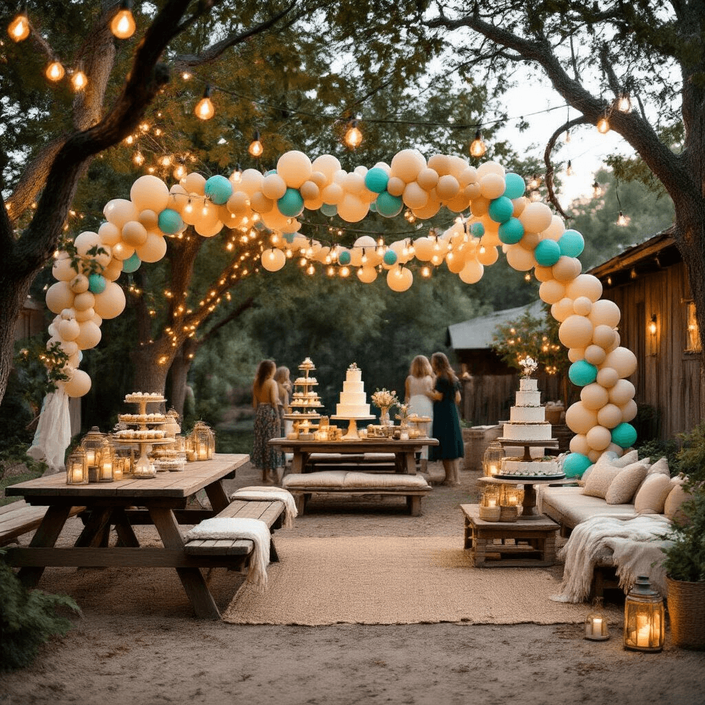 Beige Balloons: The Understated Elegance Your Event Actually Needs A whimsical backyard milestone birthday celebration featuring weathered wood picnic tables adorned with beige and turquoise organic balloon garlands, mason jar lanterns with fairy lights hanging from trees, a vintage dessert cart with tiered cakes, and cozy low seating areas with burlap cushions and cream throw blankets, all under a magical string light canopy.