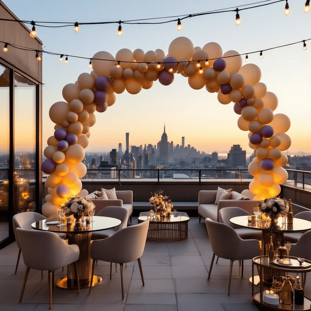 Beige Balloons: The Understated Elegance Your Event Actually Needs A rooftop terrace engagement party at golden hour, featuring modern furniture and a dramatic balloon installation in beige and lilac against a city skyline. Round cocktail tables with gold-rimmed glassware and floral arrangements, a champagne bar cart with trailing balloon garlands, and glowing fairy lights overhead. A balloon arch frames the glass railing, blending organic shapes with sleek architecture.