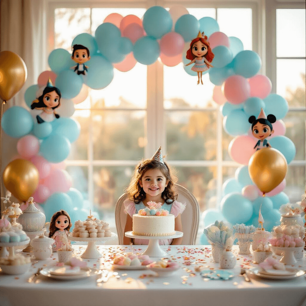 How I Transformed My Boring Party Space With Colorful Balloons (And You Can Too) A vibrant children's birthday party scene featuring a pastel blue and hot pink color palette, with an elegant balloon arch framing a white dessert table adorned with thematic decorations and a custom birthday cake. Character foil balloons of Disney's Encanto characters float in the background, while soft golden hour lighting casts a warm glow through large windows. Latex balloons in various sizes cluster near a smiling birthday child, surrounded by confetti balloons that add sparkle. The detailed table setting includes themed party favors. Wide overhead shot captures the whimsical atmosphere.