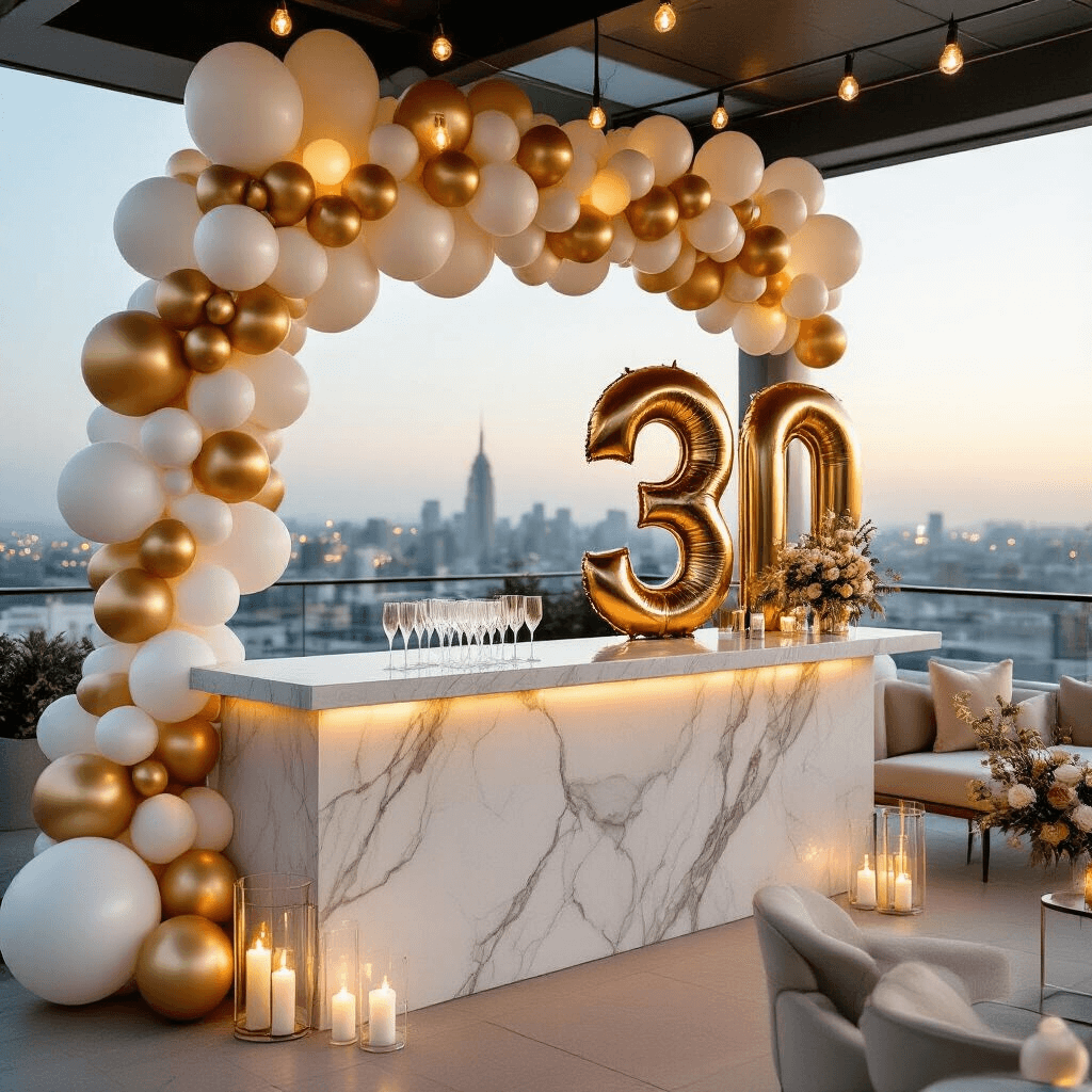 How I Transformed My Boring Party Space With Colorful Balloons (And You Can Too) A sophisticated adult milestone celebration on a minimalist rooftop terrace, featuring an organic balloon garland in champagne, white, and soft gold draped across a marble bar. Metallic number balloons subtly positioned in the background, with soft evening lighting from fairy lights and candles creating an intimate atmosphere. Sleek furniture and glass champagne flutes complement the luxurious setting, with an aerial view highlighting the balloon installation against the city skyline.