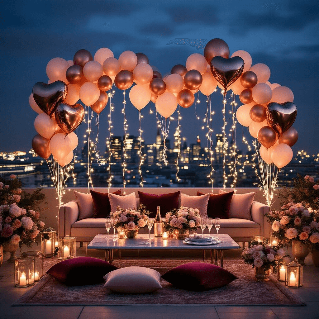 Congratulations Balloons: Everything You Need to Know About Celebrating Life's Big Wins A romantic rooftop engagement celebration at night featuring rose gold and champagne-colored balloons, oversized heart-shaped foil balloons, and 'She Said Yes' letter balloons against a city skyline, illuminated by warm string lights, with a low table arrangement of burgundy cushions, marble serving pieces, crystal flutes, and cascading blush and ivory florals.