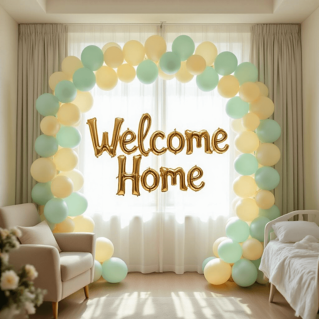 Welcome Home Balloons: Everything You Need to Know About Creating the Perfect Homecoming Display A cozy hospital room celebrating a newborn's homecoming, featuring pastel mint and pale yellow balloon garlands, a large 'Welcome Home' foil balloon, sunlight filtering through curtains, and letter balloons spelling the baby's name, with floral accents and a plush chair.