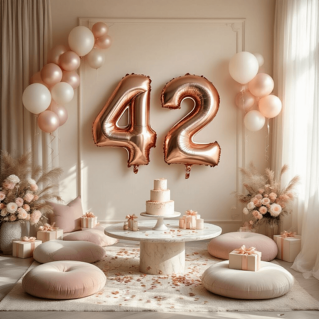 Number Balloons: Everything You Need to Know About These Party Essentials A photorealistic overhead view of a cozy birthday party setup featuring 42-inch rose gold number balloons, a marble coffee table with a tiered vanilla cake, velvet floor cushions, pastel balloon clusters, and warm candlelight, all against a soft cream wall.