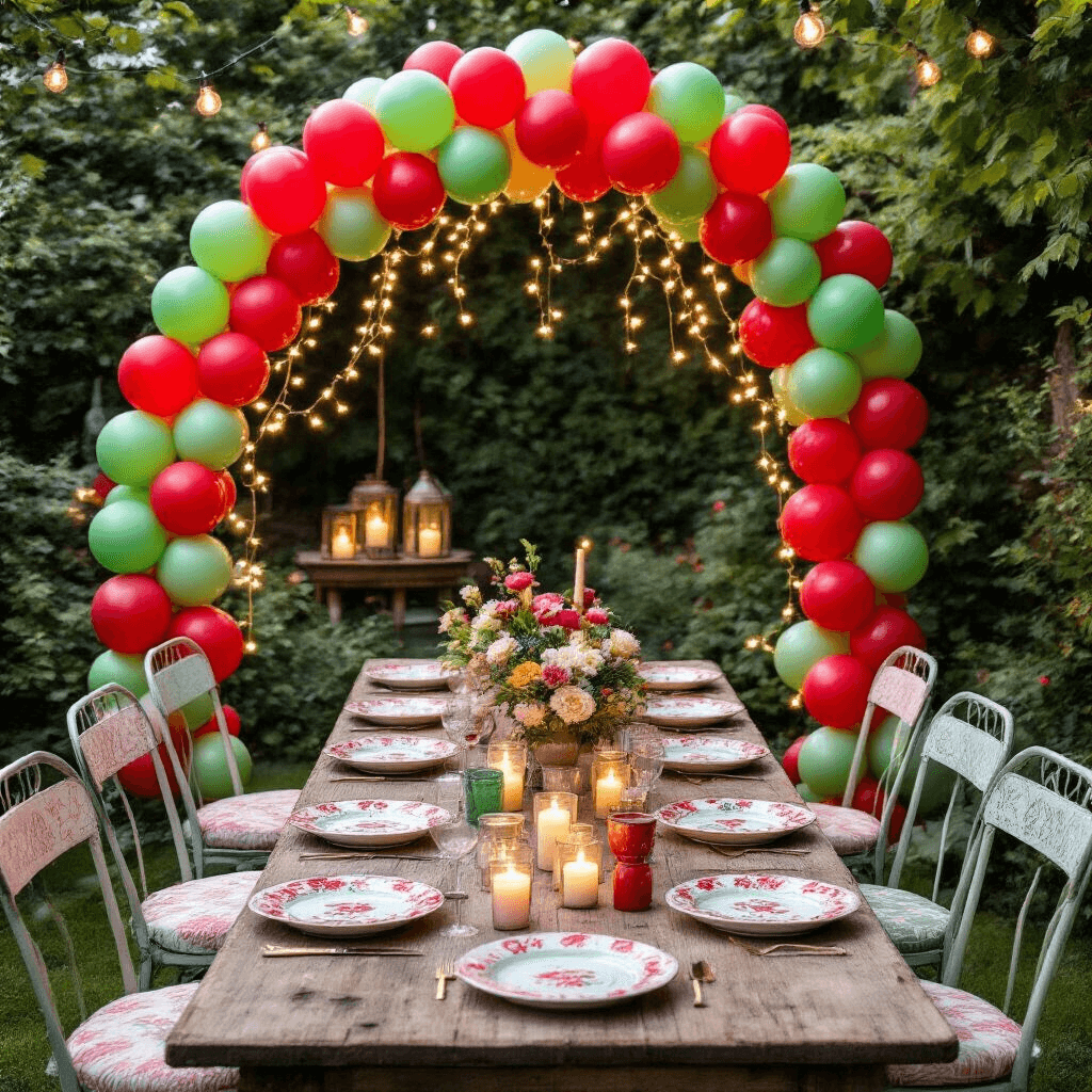 Cherry Balloons: Everything You Need to Know About This Sweet Party Trend A whimsical summer garden party setup featuring a cherry balloon garland arch in vibrant red and green over a rustic wooden table, adorned with retro diner-style ceramic plates, vintage metal chairs with pastel cushions, and fairy lights for ambiance, complemented by candle groupings in mismatched holders against a natural garden backdrop.