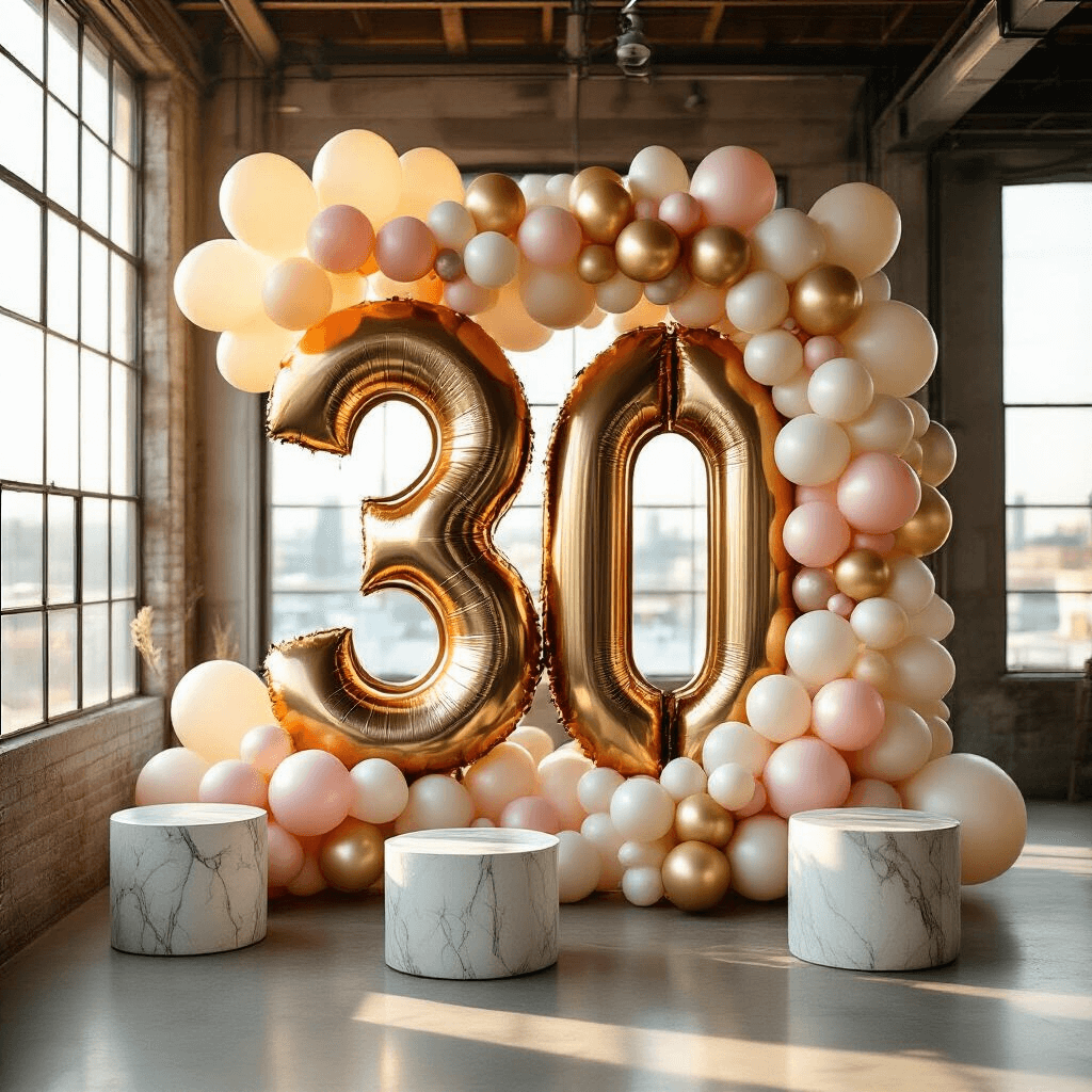 Number Balloon Decorations That'll Make Your Next Party Absolutely Unforgettable Ultra-detailed overhead view of a sophisticated 30th birthday balloon decoration in a modern industrial loft, featuring a garland of blush pink, ivory, and champagne gold latex balloons surrounding a large metallic foil '30', with marble side tables and concrete floors, illuminated by soft golden hour sunlight.