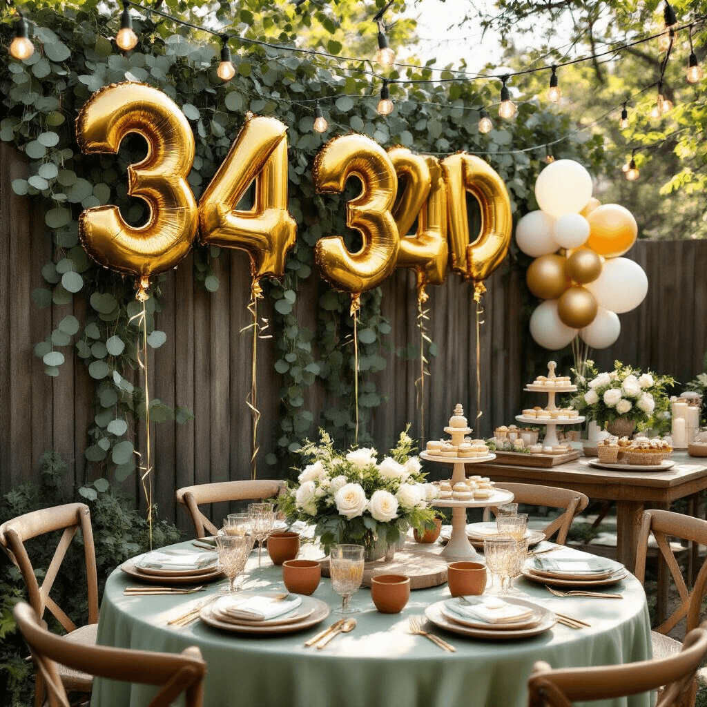 Number Balloons: Everything You Need to Know About These Party Essentials A whimsical backyard garden party featuring gold foil number balloons against a wooden fence, with sage green tables adorned in silk linens, floral centerpieces, and a dessert cart, all illuminated by string lights.