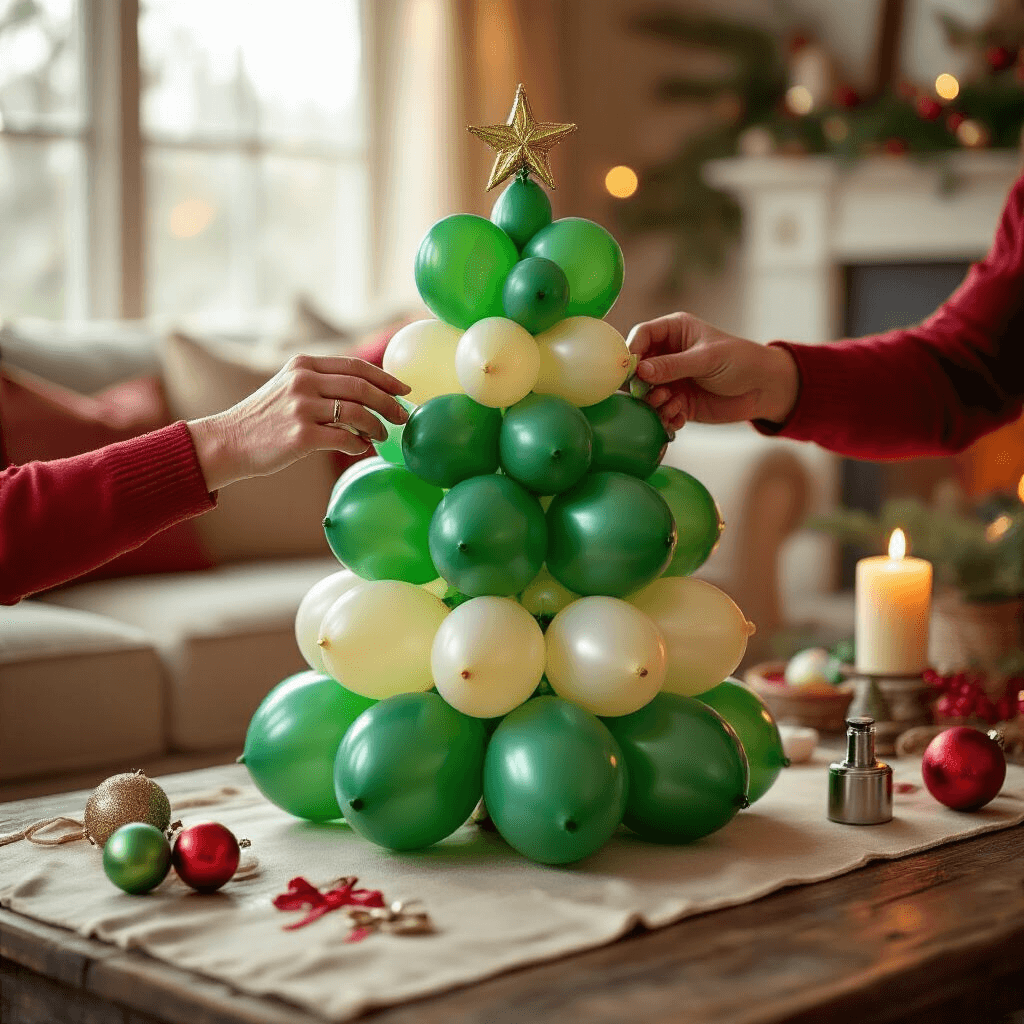 Balloon Christmas Trees: Why I'm Ditching My Fake Pine This Year Close-up of hands assembling a balloon Christmas tree in a cozy room, with morning light illuminating the process of tying 12-inch balloons in clusters, showcasing silk ribbons, a metallic manual pump, and scattered supplies on a rustic table, alongside rich green latex colors and warm candlelight ambiance amidst traditional red and gold decorations.