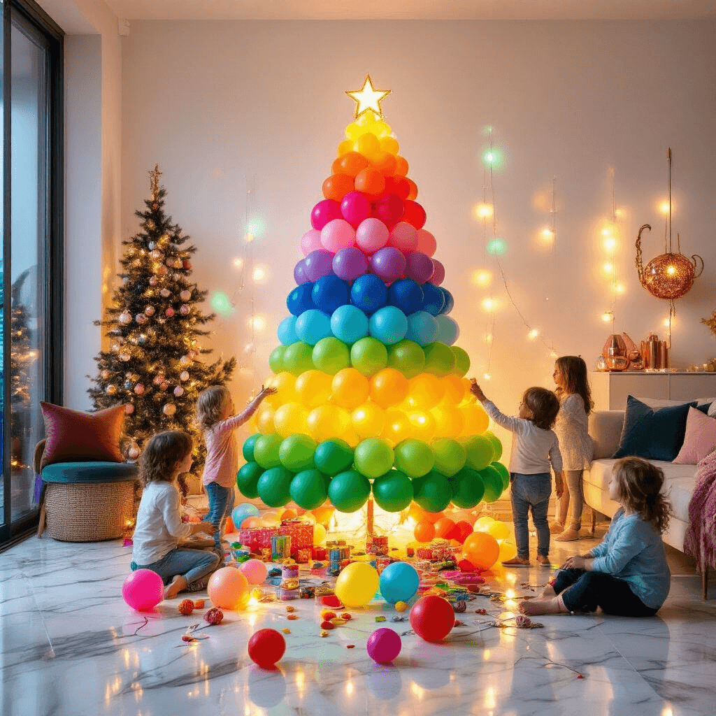 Balloon Christmas Trees: Why I'm Ditching My Fake Pine This Year Overhead view of a stylish apartment living space at night, featuring a vibrant rainbow balloon Christmas tree surrounded by excited children and balloon-making supplies on marble flooring, illuminated by fairy lights casting colorful shadows. Modern furniture with jewel-toned velvet cushions and metallic rose gold accents complete the festive atmosphere.
