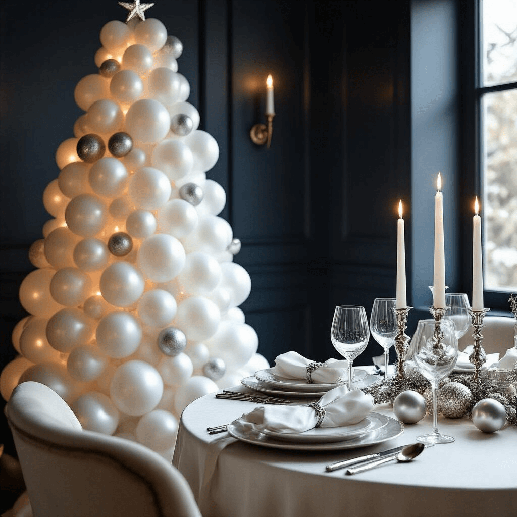 Balloon Christmas Trees: Why I'm Ditching My Fake Pine This Year Cinematic wide shot of an intimate Christmas dining nook with an elegant all-white balloon Christmas tree beside a round dining table set for holiday dinner, illuminated by candlelight and featuring silk linens, crystal glassware, and silver accents against navy walls.