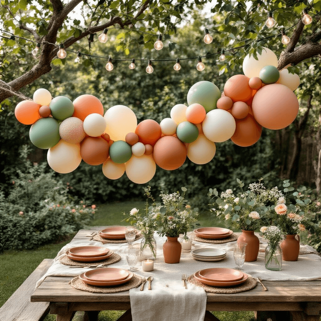 Where to Buy Colorful Balloons That'll Make Your Party Pop (Without Breaking the Bank) An intimate garden party setup featuring a whimsical balloon garland in terracotta, sage green, and cream, with rustic wooden picnic tables adorned with low-profile floral arrangements, ceramic plates, and mason jar centerpieces, all under soft morning light and string lights hanging overhead.