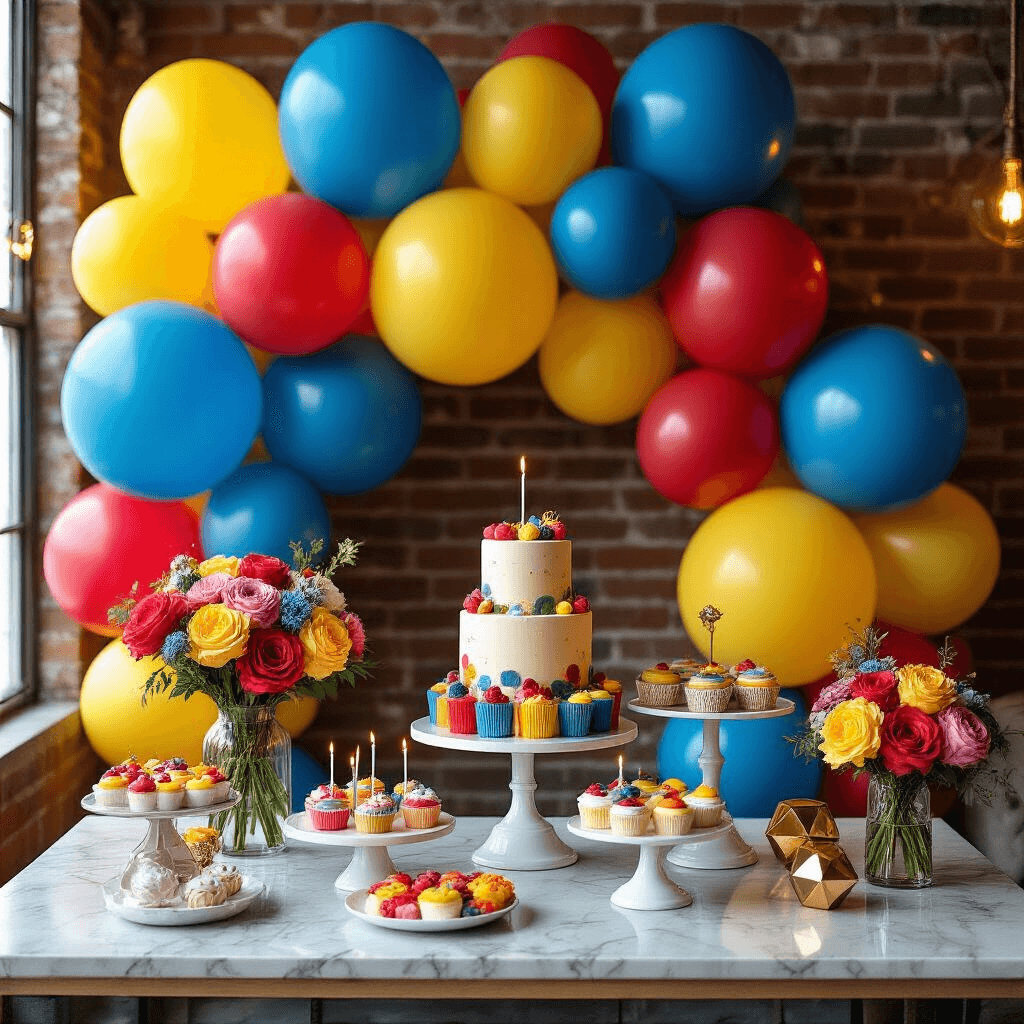 Where to Buy Colorful Balloons That'll Make Your Party Pop (Without Breaking the Bank) Close-up of a stylish apartment birthday celebration setup featuring a vibrant balloon wall in electric blue, sunshine yellow, and cherry red, with a dessert table against exposed brick walls, illuminated by candlelight and LED strip lights, showcasing colorful treats, geometric metallic weights, and plush jewel-toned pillows.