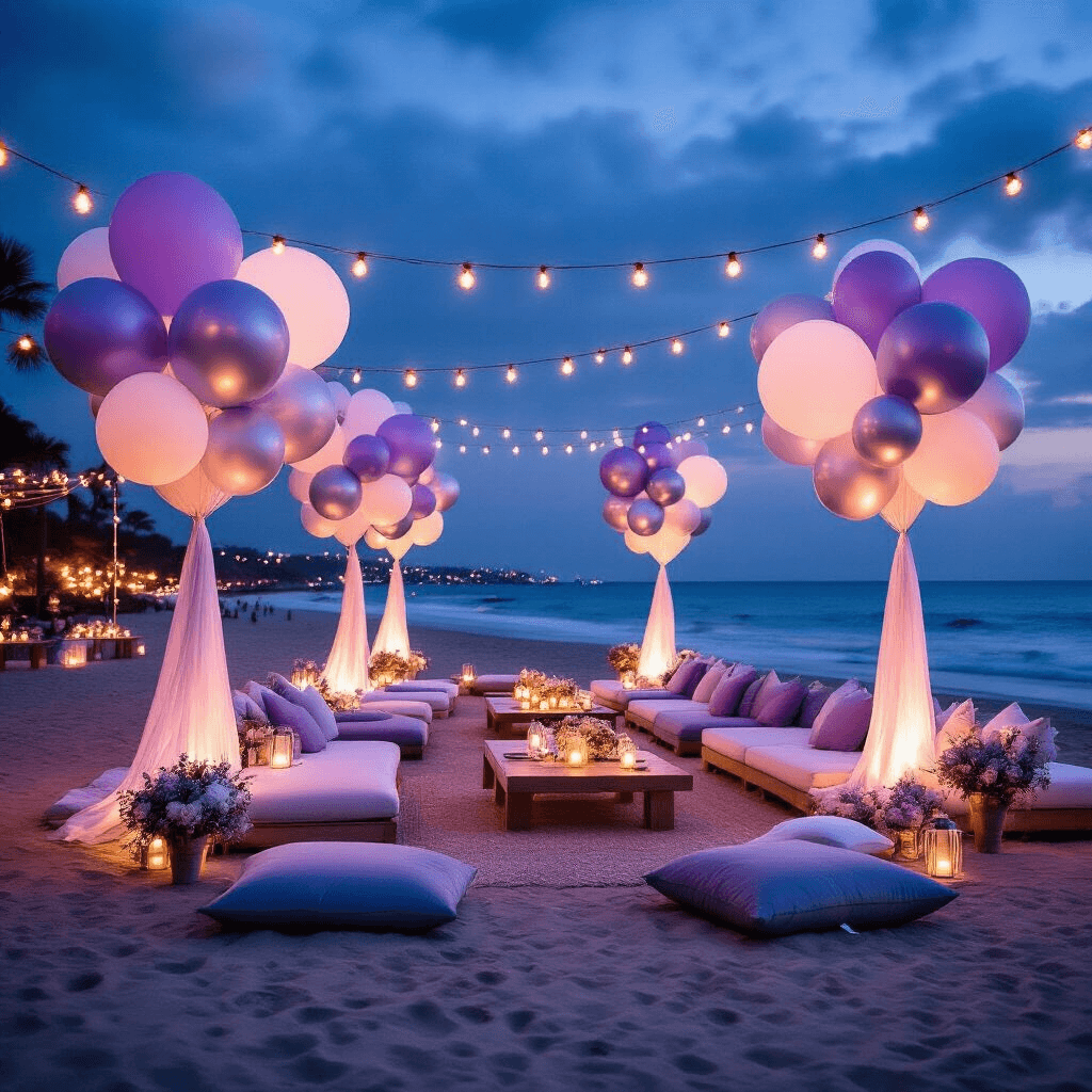 Where to Buy Colorful Balloons That'll Make Your Party Pop (Without Breaking the Bank) A wide shot of a beachfront celebration at night, featuring weather-resistant balloon installations in lavender, silver, and white, with romantic seating areas of plush floor cushions and low tables. The scene includes weighted balloon clusters, string lights, paper lanterns, a gift table with chiffon draping and cascading balloon garlands, and a signature drink station with themed decor, all set against a twilight ocean backdrop.