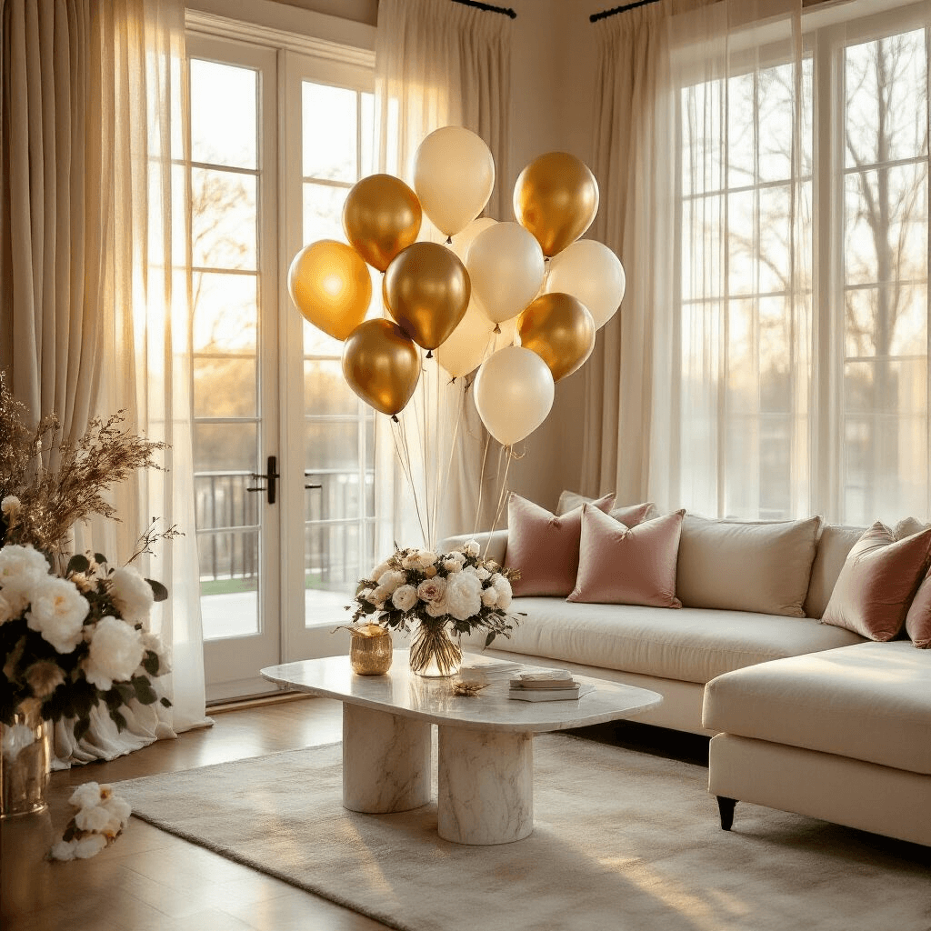 Welcome Home Balloons: Everything You Need to Know About Choosing the Perfect Greeting A wide-angle shot of an elegant indoor living room during golden hour, featuring gold and ivory foil balloons floating near a large picture window, anchored with silk ribbon clusters. A cream sectional sofa with blush and gold pillows, a marble coffee table with white peonies and eucalyptus, and a welcome banner above a candlelit fireplace complete the sophisticated ambiance.