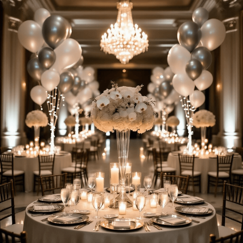 Number Balloons: Everything You Need to Know About These Party Essentials A luxurious indoor ballroom celebration featuring towering silver number balloons at the entrance, illuminated by warm fairy lights and crystal chandeliers, with round ivory silk-draped tables, tall glass centerpieces of white orchids, and flickering candles, all reflecting beautifully on polished marble floors in a moody, elegant atmosphere.