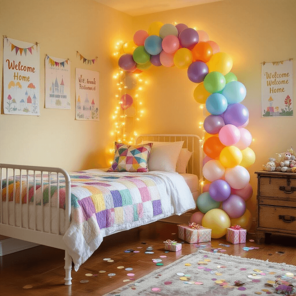 Welcome Home Balloons: Everything You Need to Know About Choosing the Perfect Greeting A whimsical children's bedroom with a balloon column display, featuring rainbow-colored balloons, fairy lights, a twin bed with white sheets and a patchwork quilt, and metallic confetti scattered on the hardwood floor.