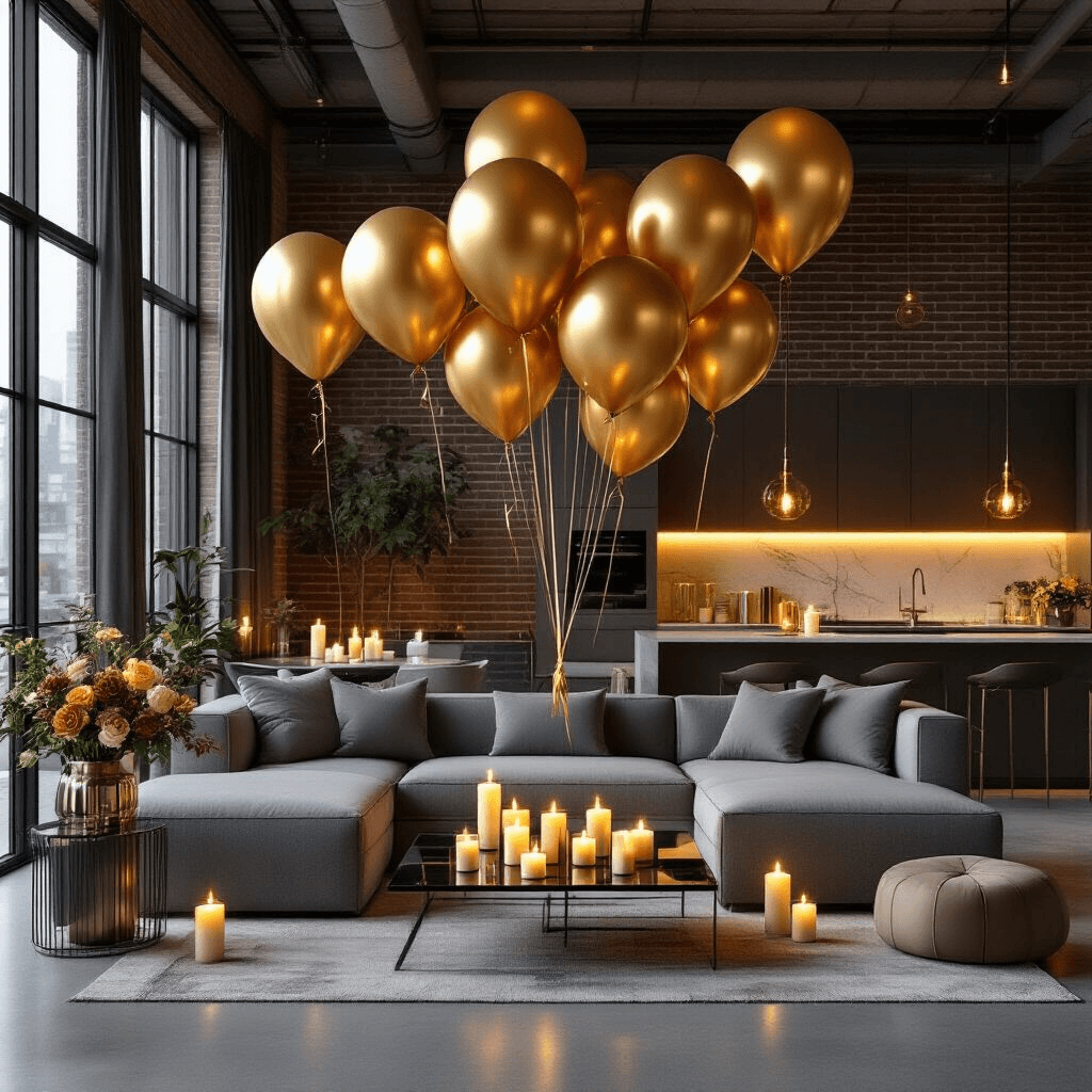 Welcome Home Balloons: Everything You Need to Know About Choosing the Perfect Greeting Cinematic wide shot of a modern apartment living space with candlelight ambiance, featuring a gold foil balloon installation above a gray sectional sofa, surrounded by candles and a marble kitchen island with floral arrangements.