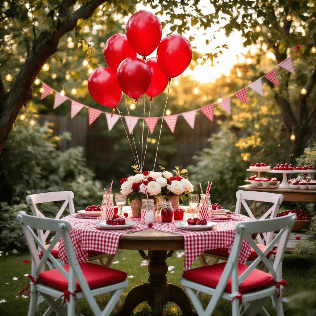 Cherry Balloons: Everything You Need to Know About This Sweet Party Decoration Cinematic wide-angle shot of a backyard garden party at golden hour, featuring red cherry-shaped foil balloons, a round wooden table with a red gingham tablecloth, and centerpieces of white roses and fresh cherries, illuminated by soft sunlight and string lights.